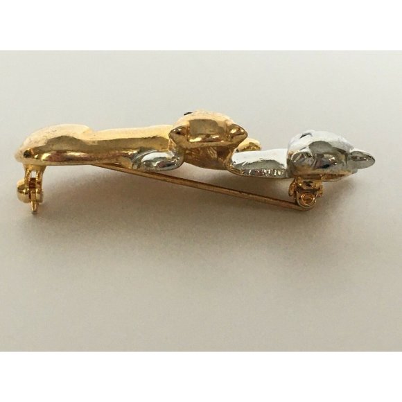 Cats Brooch Pin Silver & Gold Tone Laying Black Eyes Vintage Costume Jewelry 2" - Picture 5 of 10